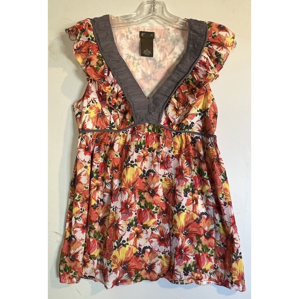 FEI WOMENS‎ BLOUSE SIZE 6 FLORAL ORANGE CAP SLEEVE V NECK 100% COTTON